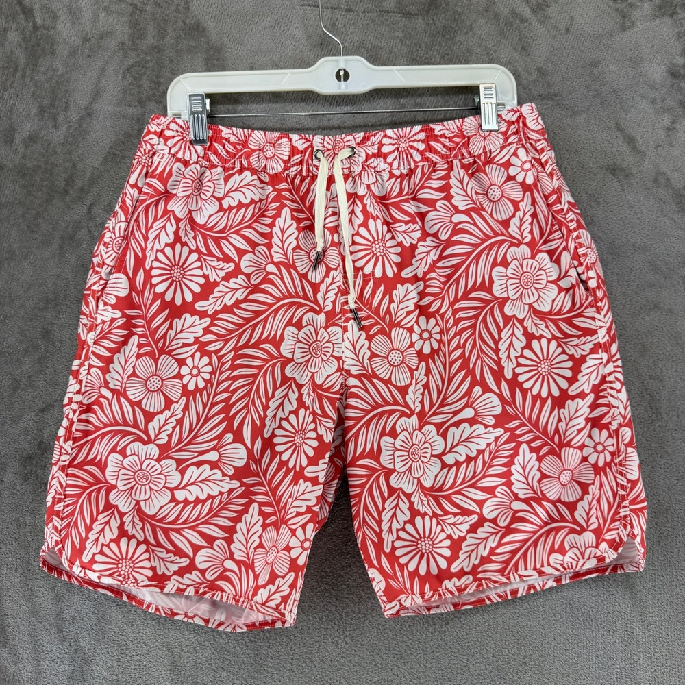 Fair Harbor Swim Trunks Men L The Anchor Red Floral BreezeKnit Liner EUC